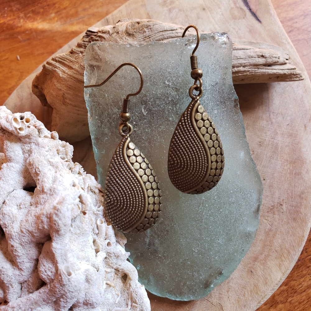 Handmade Nepalese Antique Bronze Rain Drop Charm Rustic Earrings